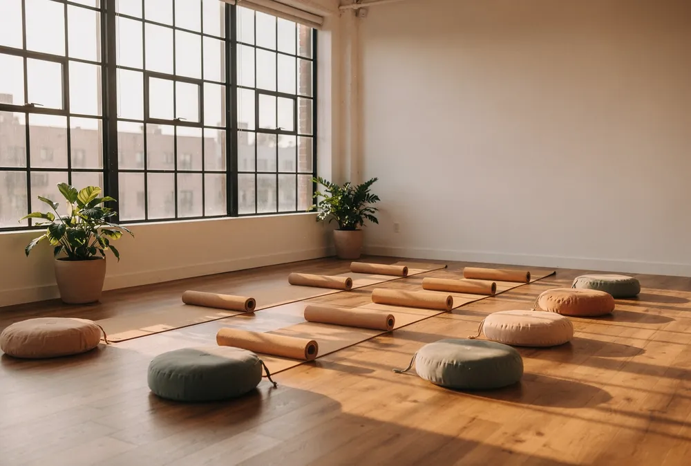 Lichte yogastudio met matten en meditatiekussens