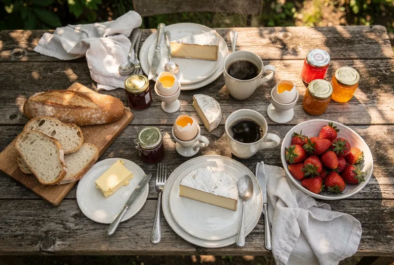 Ontbijt met brood en aardbeien in tuin
