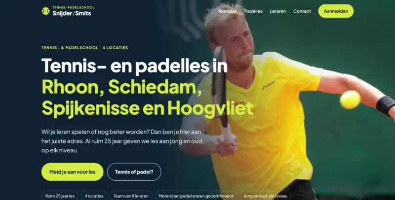 Homepage van Tennis-Padelschool Snijder Smits met tennisser